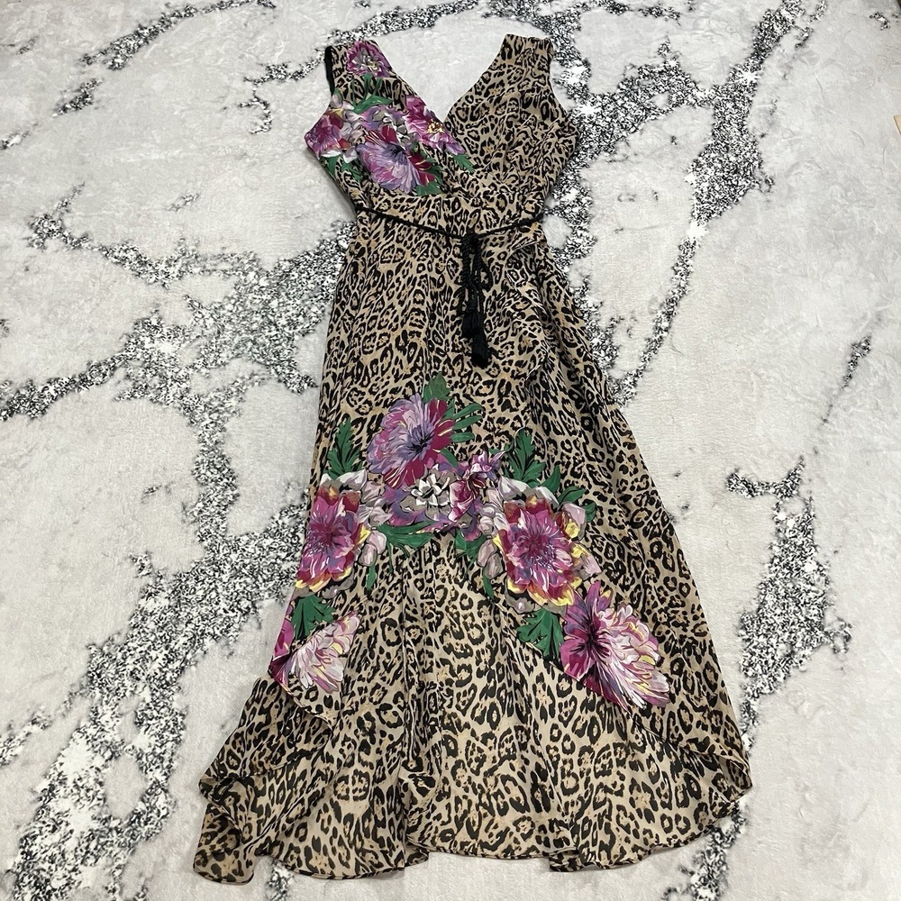 INC International Concepts Leopard Floral Dress Womens Size 14 Midi Belted